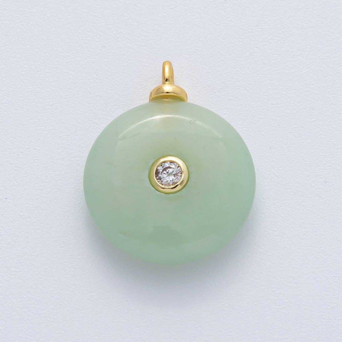 18K Gold Filled 23mm Green Jade with Clear CZ Round Natural Gemstone Pendant | AF1450