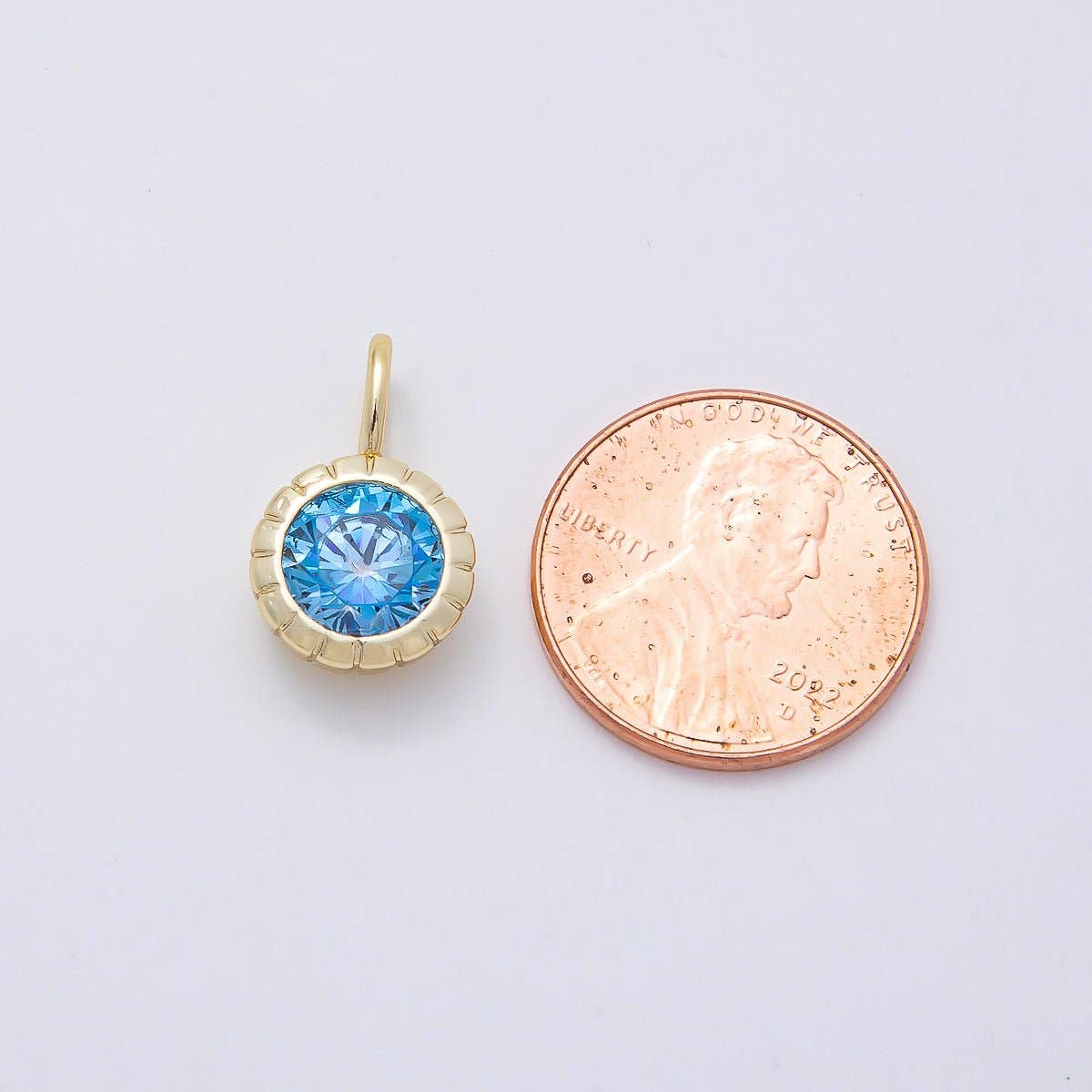 16K Gold Filled 17mm Birthstone Round CZ Ribbed Bezel Mini Pendant | Charms-01113 ~ Charms-01124