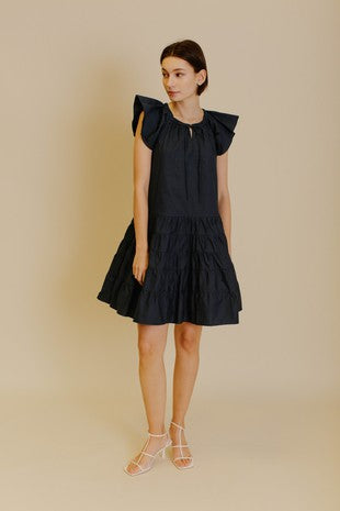 Atlanta Navy Flutter Sleeve Tiered Dress