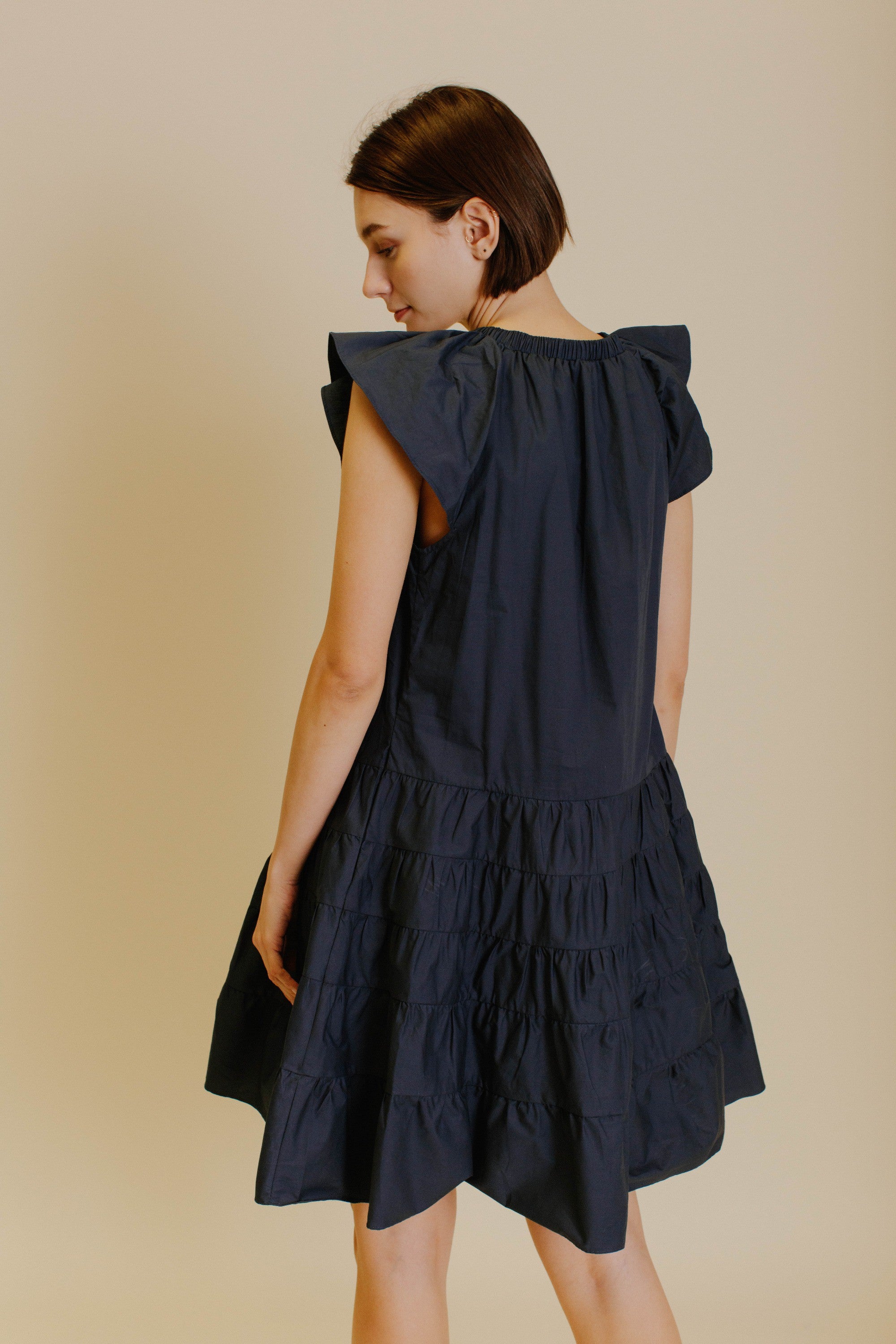 Atlanta Navy Flutter Sleeve Tiered Dress