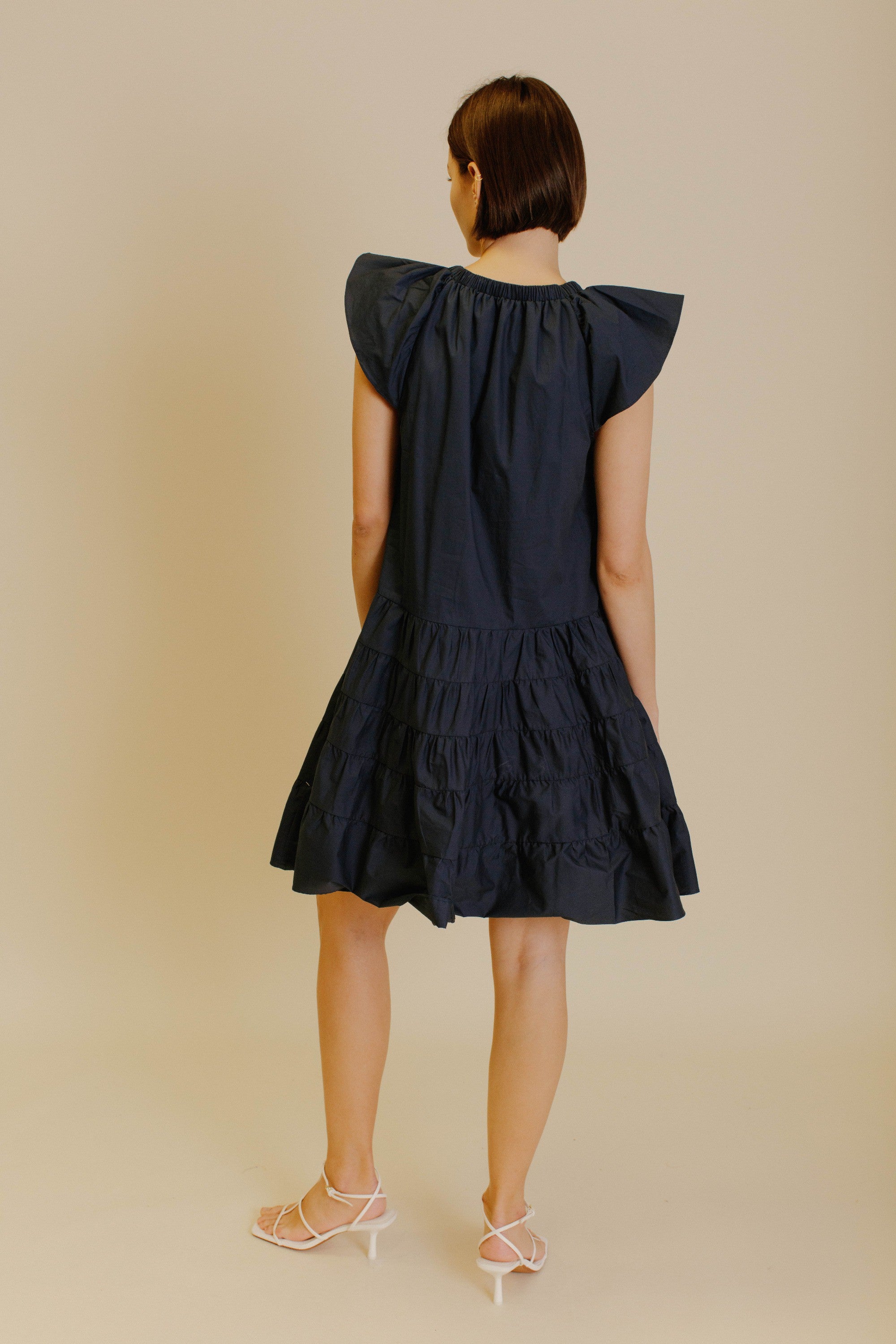 Atlanta Navy Flutter Sleeve Tiered Dress