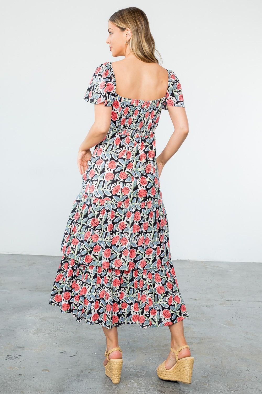 Nichole Flower Print Tiered Flutter Maxi Dress