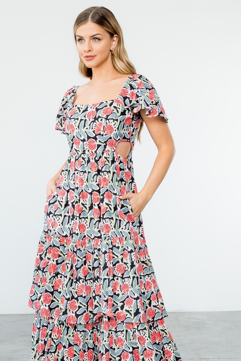 Nichole Flower Print Tiered Flutter Maxi Dress