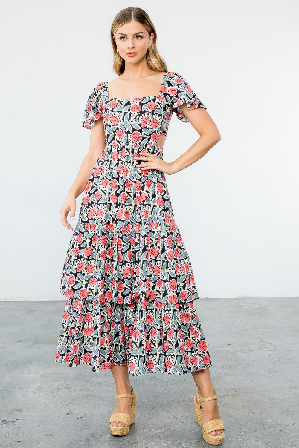 Nichole Flower Print Tiered Flutter Maxi Dress