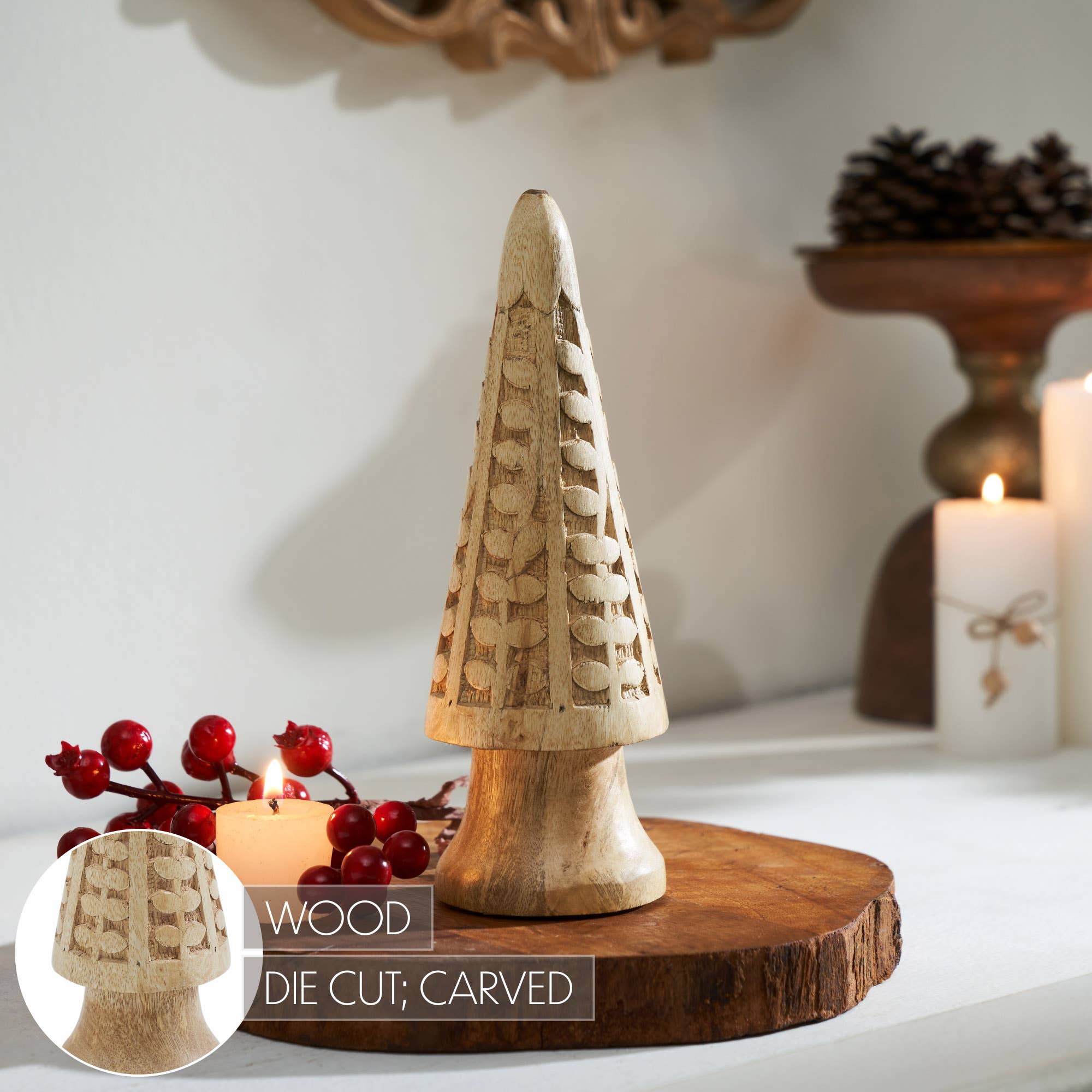 Natural Wooden Carved Cone Tree Medium 8.25x3x3
