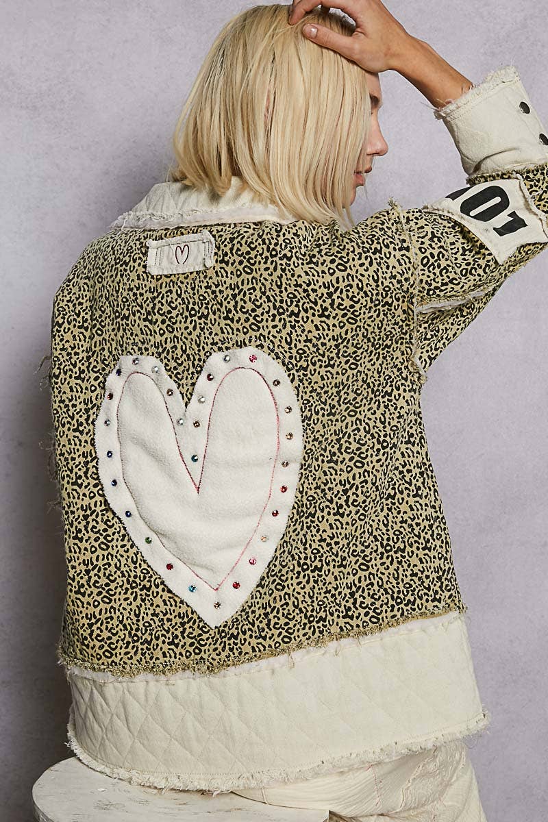 Colorblocked twill patch studded back heart jacket
