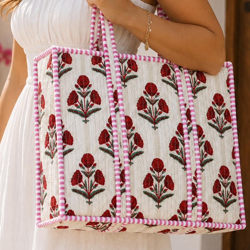 Red Floral Quilted Bag Print