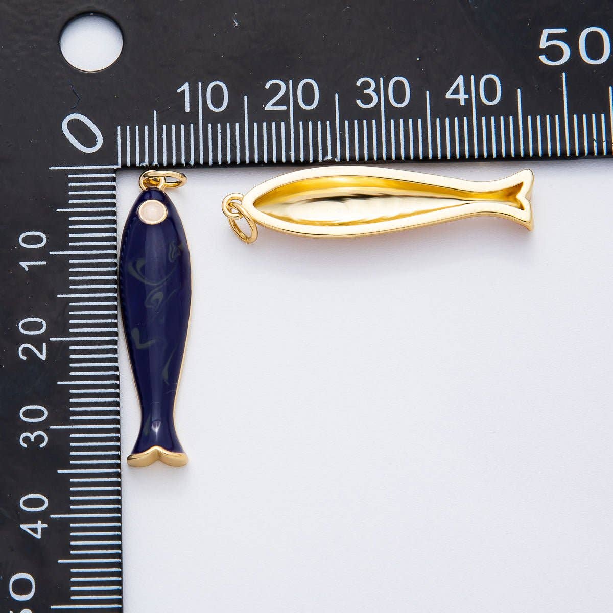 18K Gold Filled 38mm Blue, Champagne Enamel Fish Sardine Charm | AF1309