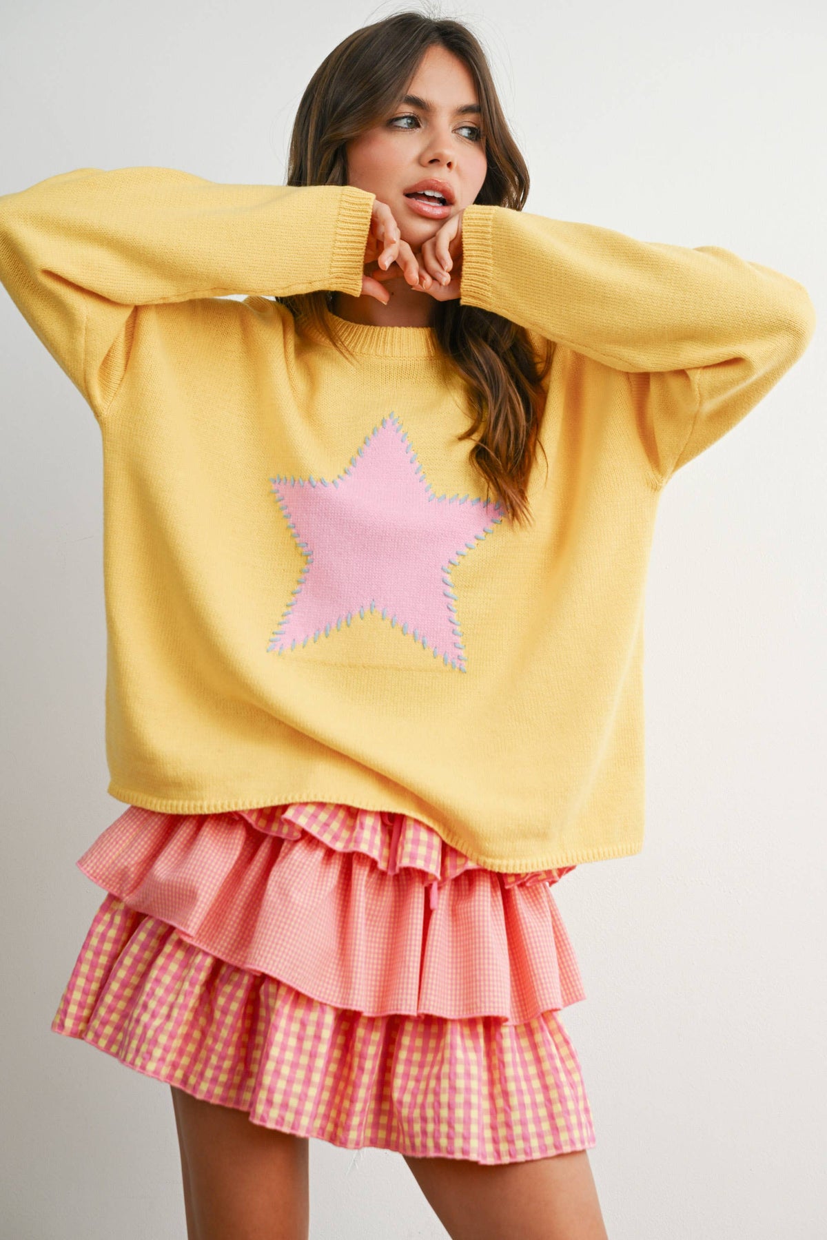 Drop Shoulder Star Pattern Sweater - BMW7756