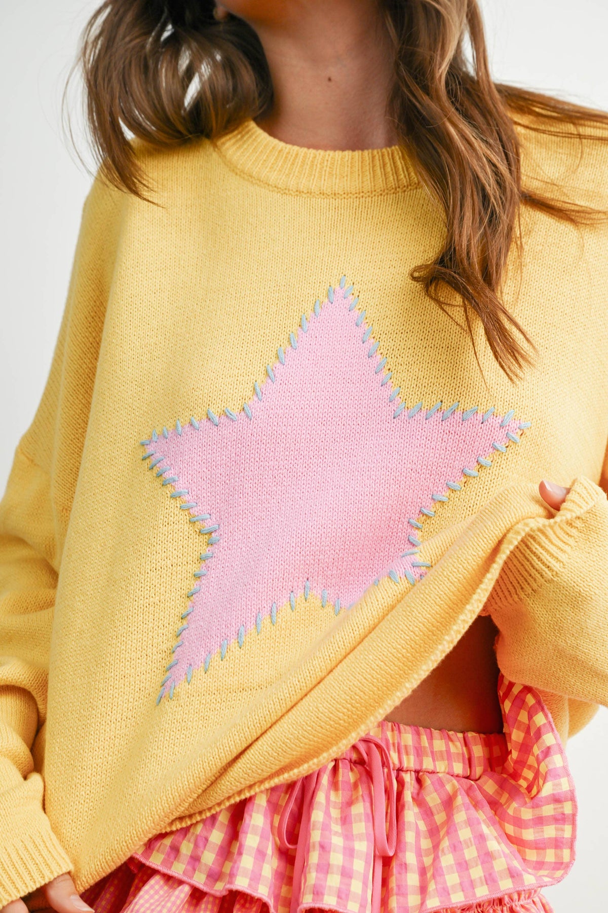 Drop Shoulder Star Pattern Sweater - BMW7756