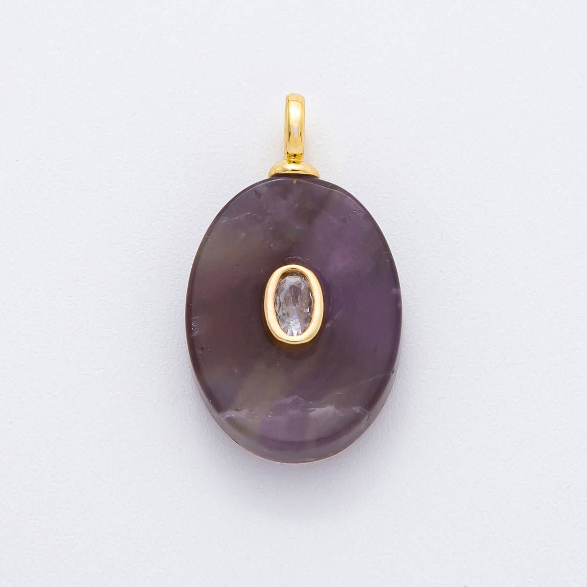 18K Gold Filled CZ Embedded Natural Gemstone Oval Charm | N720 - N741