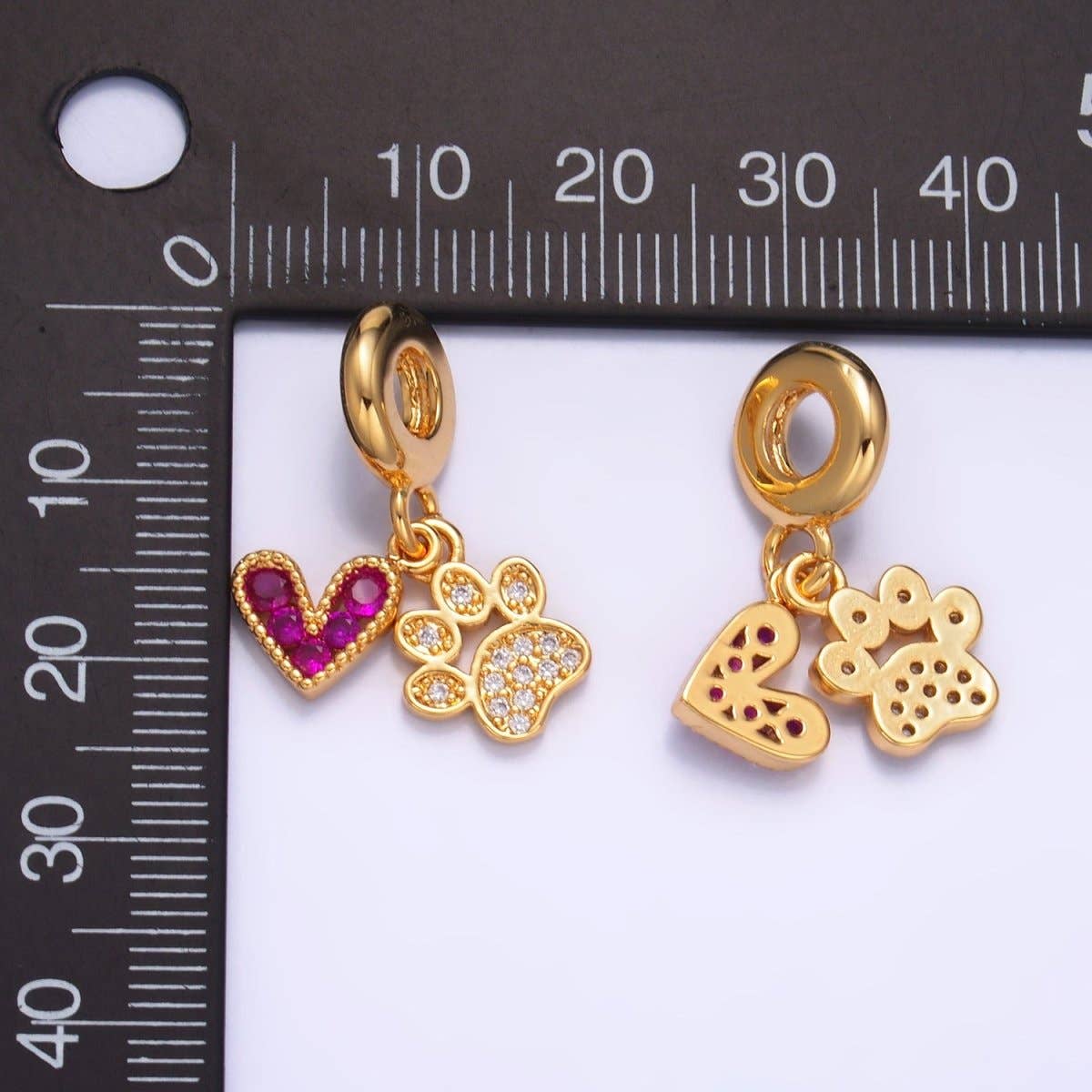 24K Gold Filled Micro Paved CZ Pink Heart Clear Pawprint Rhondelle Drop Pendant
