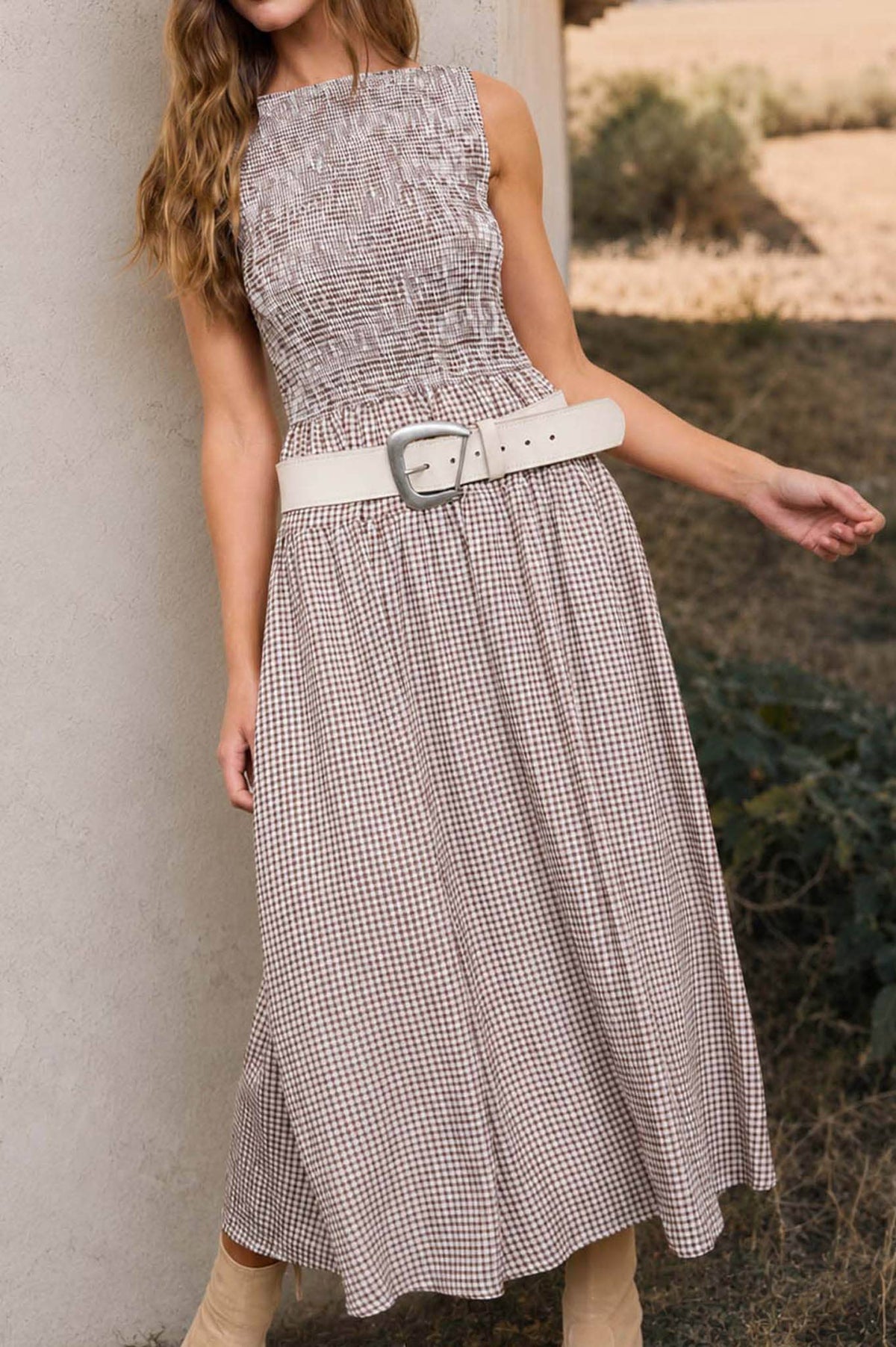 SMOCKED GINGHAM TIERED SLEEVELESS MIDI DRESS