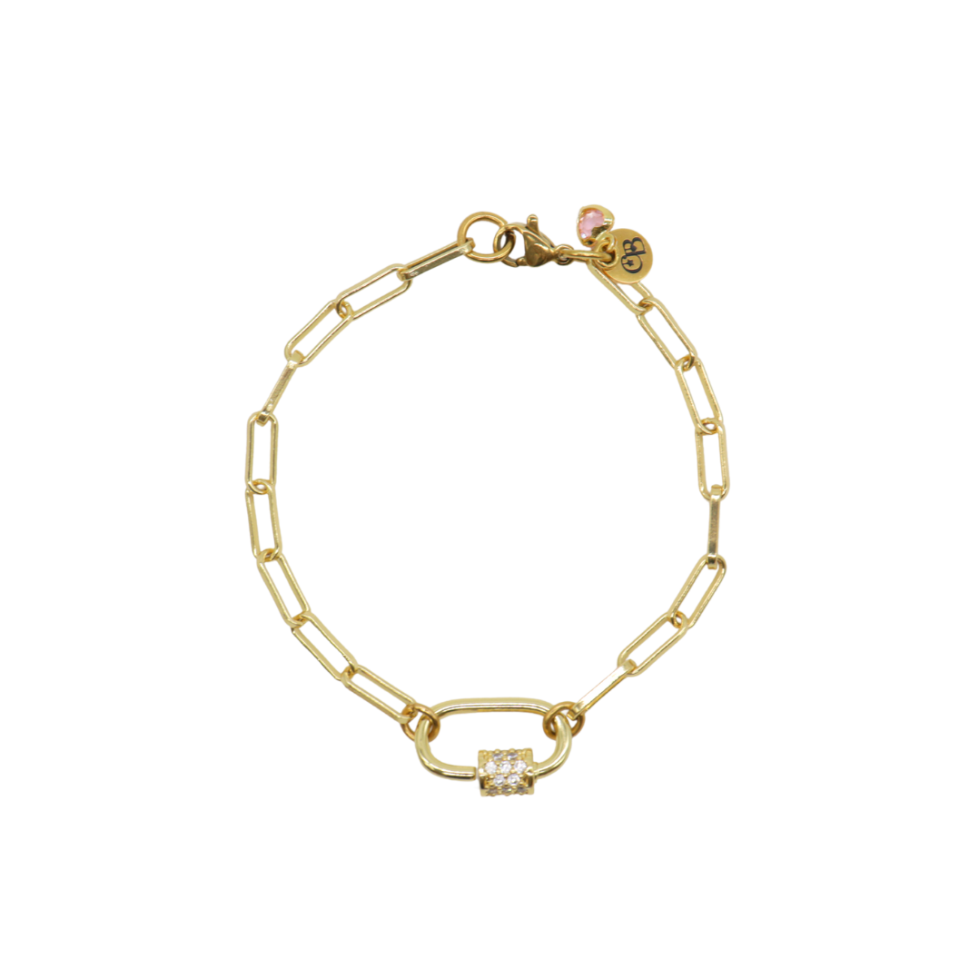 Gold Ashley Paperclip Chain Charm Bracelet with Clear Cubic Zirconia Small Gabi Carabiner