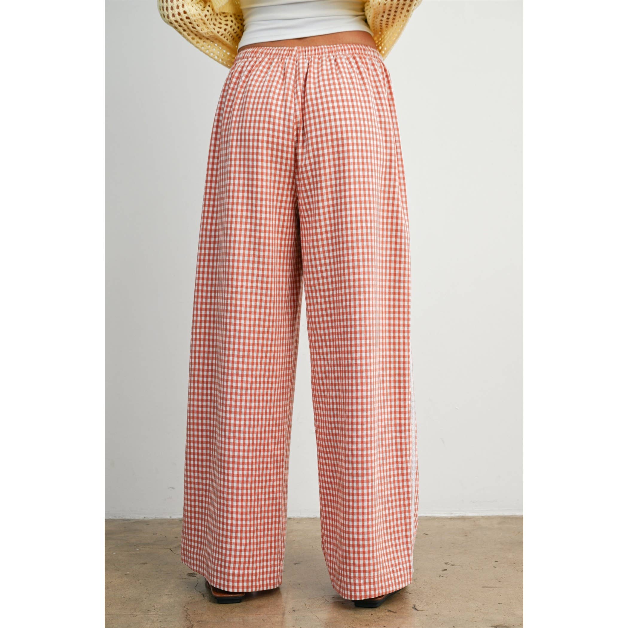 Terracotta Gingham Wide-Leg Lounge Pants-BMP8075