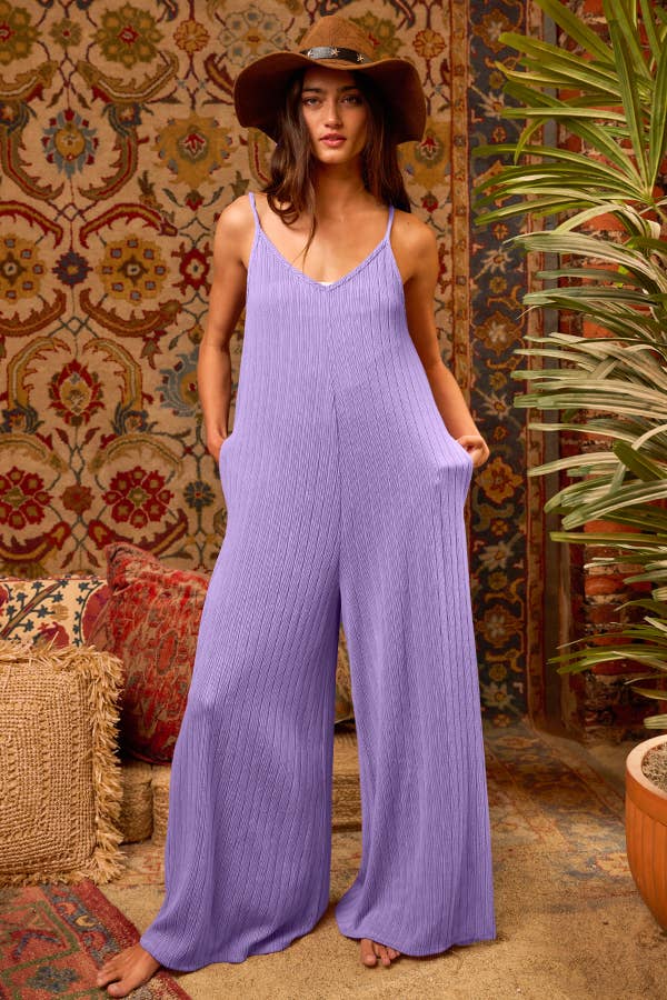 R5210 Wide Leg Solid Ribbed Knit Jumpsuit