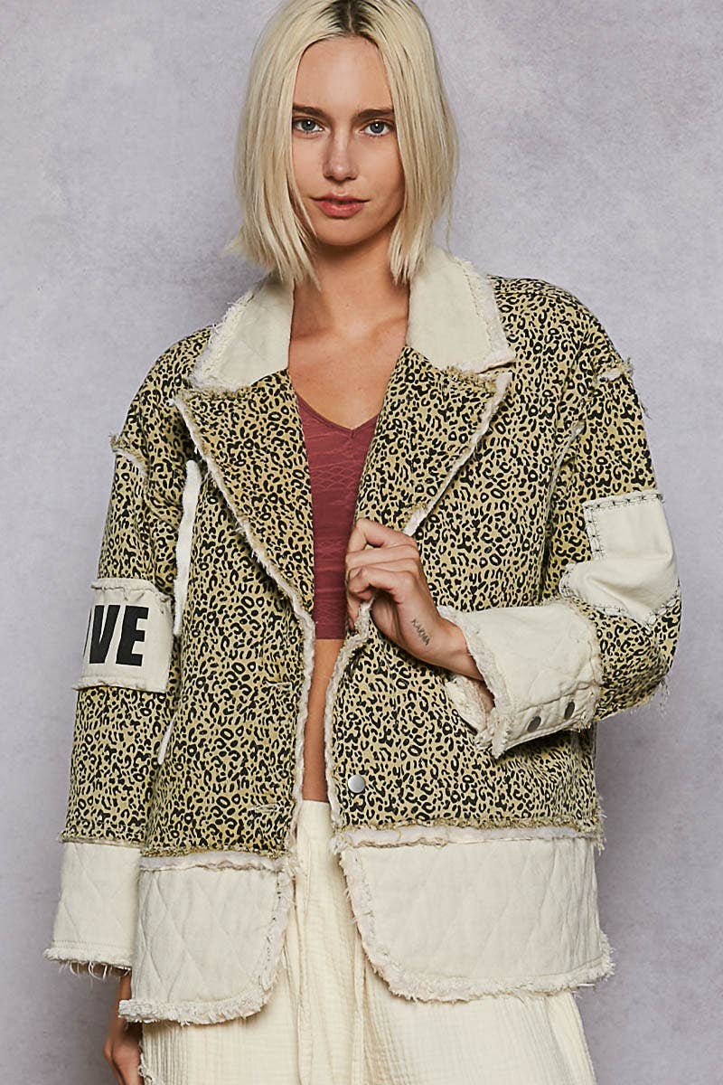 Colorblocked twill patch studded back heart jacket