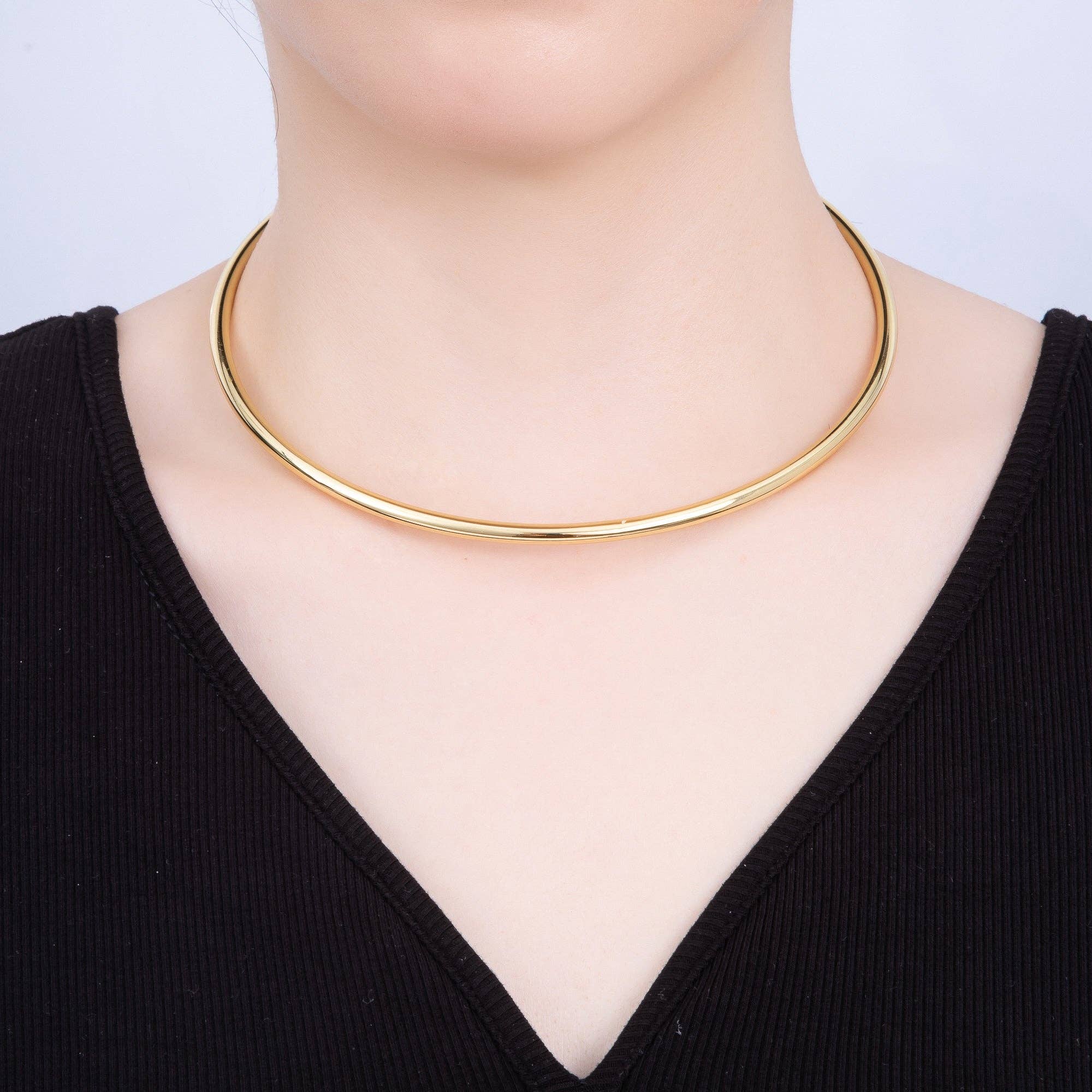 NEW SUMMER 16K Gold Filled 4mm Minimalist Thick Wide Tube Torque Choker Floating Collar Necklace | WA-04277