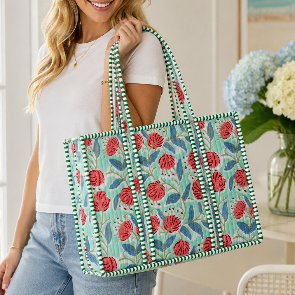 Mint Floral Quilted Bag Print