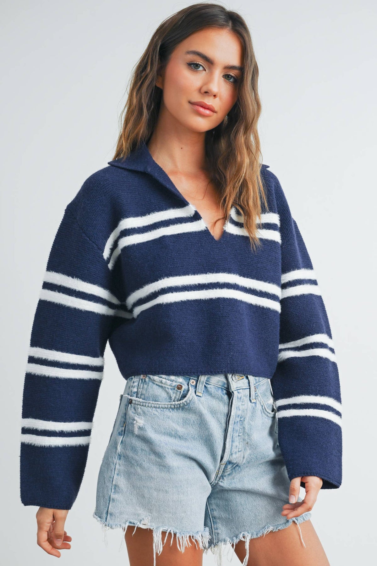 Stripe Crop Collar Sweater Top - BMW7393