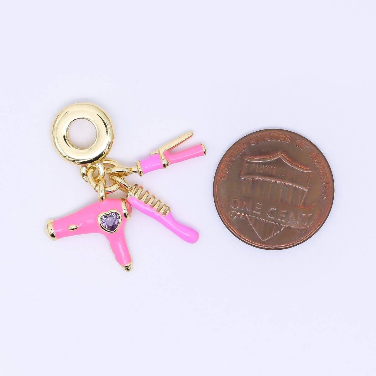 24K Gold Filled 16mm Pink Hair Blower Straightener Comb Beauty Set Rondelle Drop Charm | AC1620