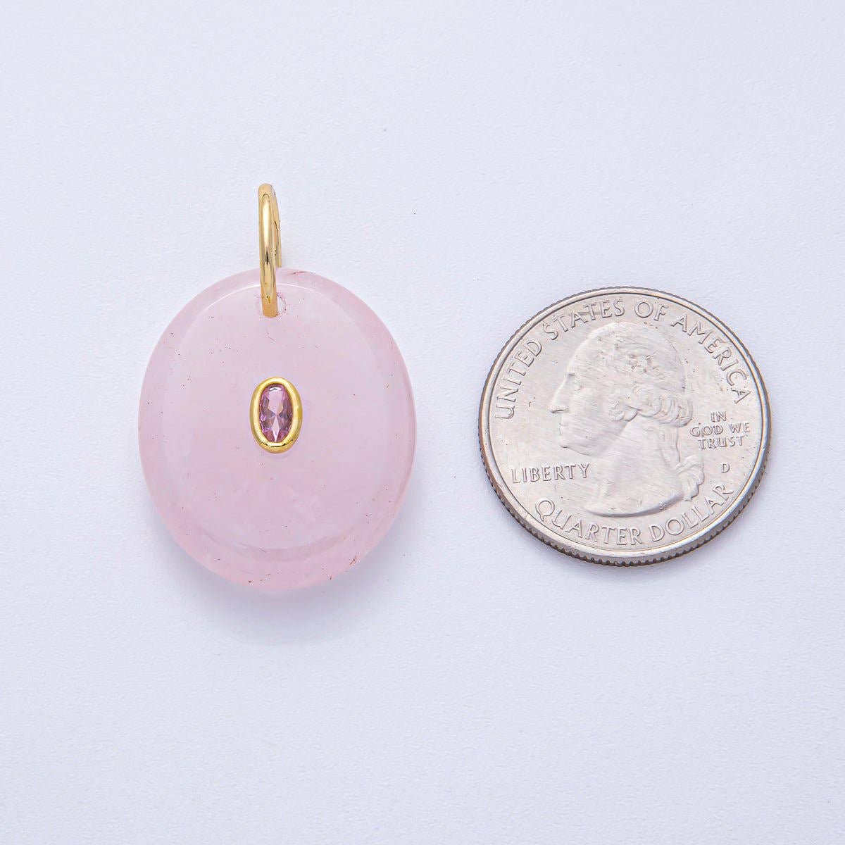 18K Gold Filled 27mm CZ Embedded Rose Quartz, Clear Quartz, Amethyst Oval Gemstone Charm | AK058 AK059