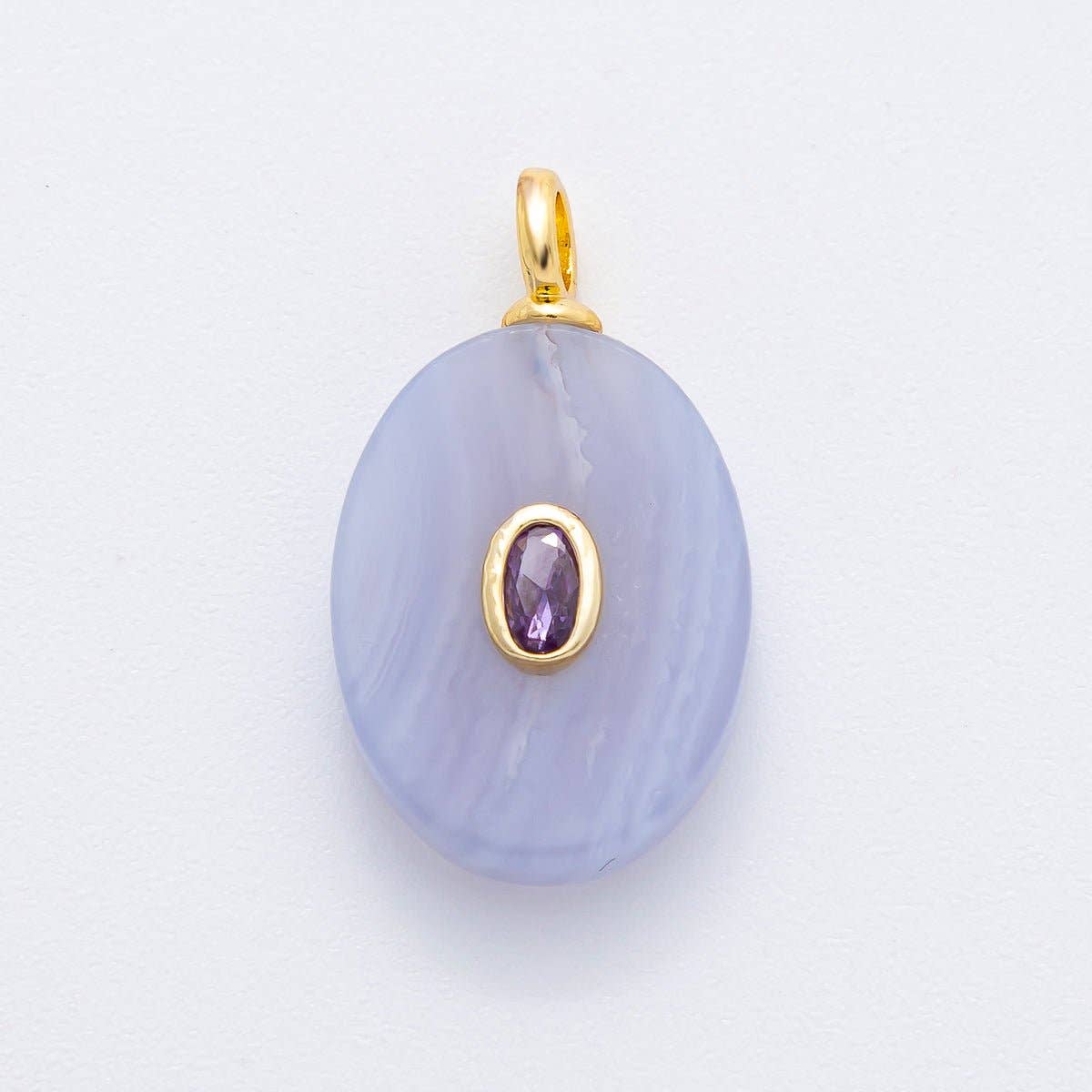 18K Gold Filled CZ Embedded Natural Gemstone Oval Charm | N720 - N741