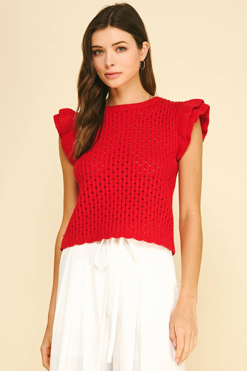 RUFFLE SLEEVE OPNE-KNIT TOP