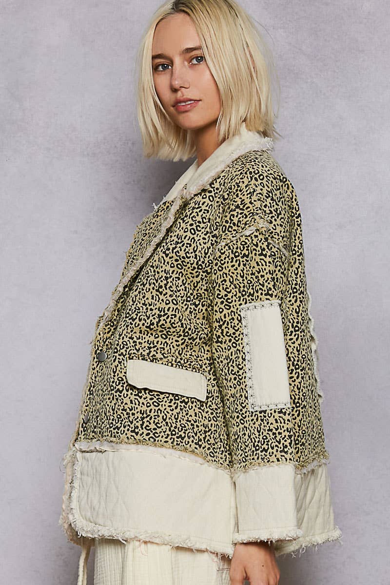 Colorblocked twill patch studded back heart jacket