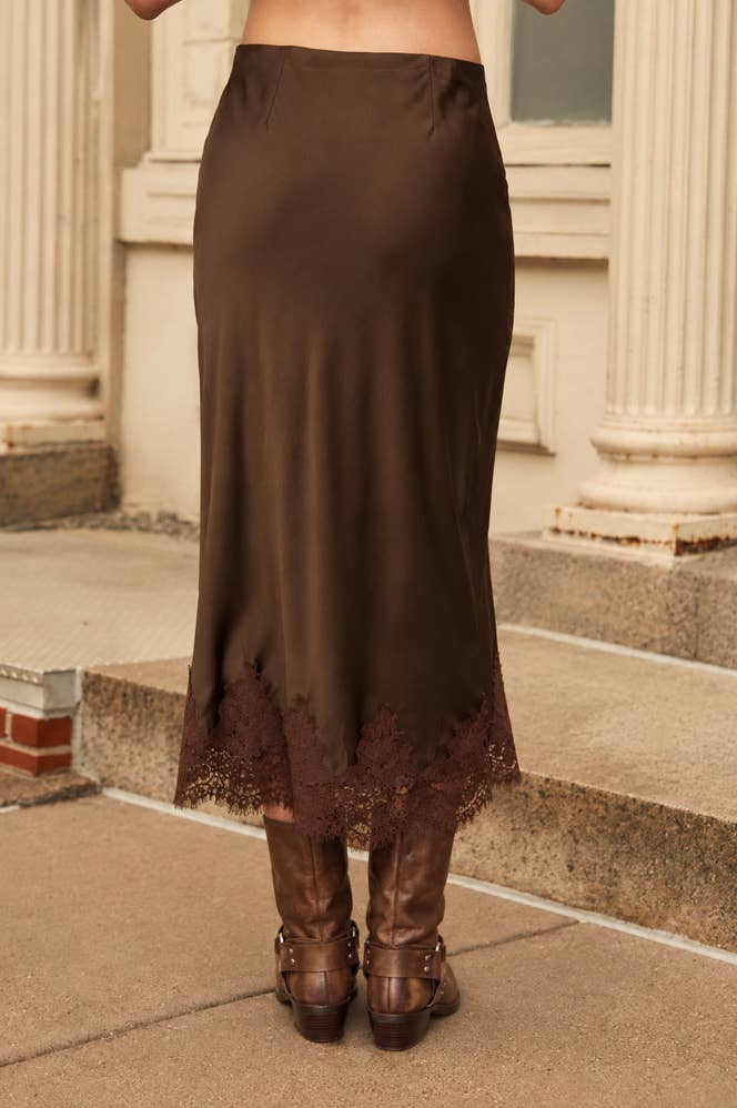 SATIN LACE HEM SLIP-ON PENCIL SKIRT