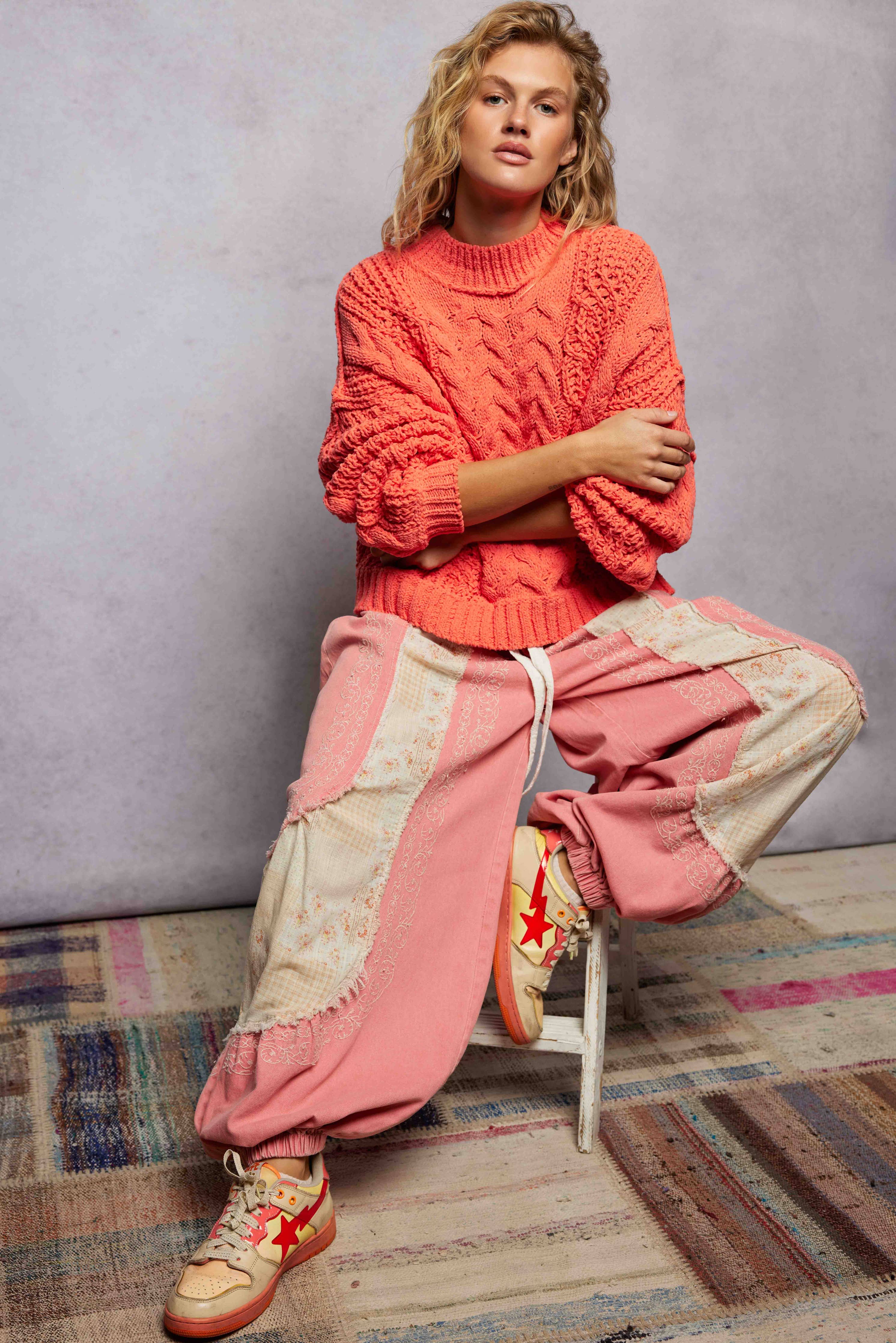 Mock Neck Balloon Sleeve Cable Knit Pullover Sweater