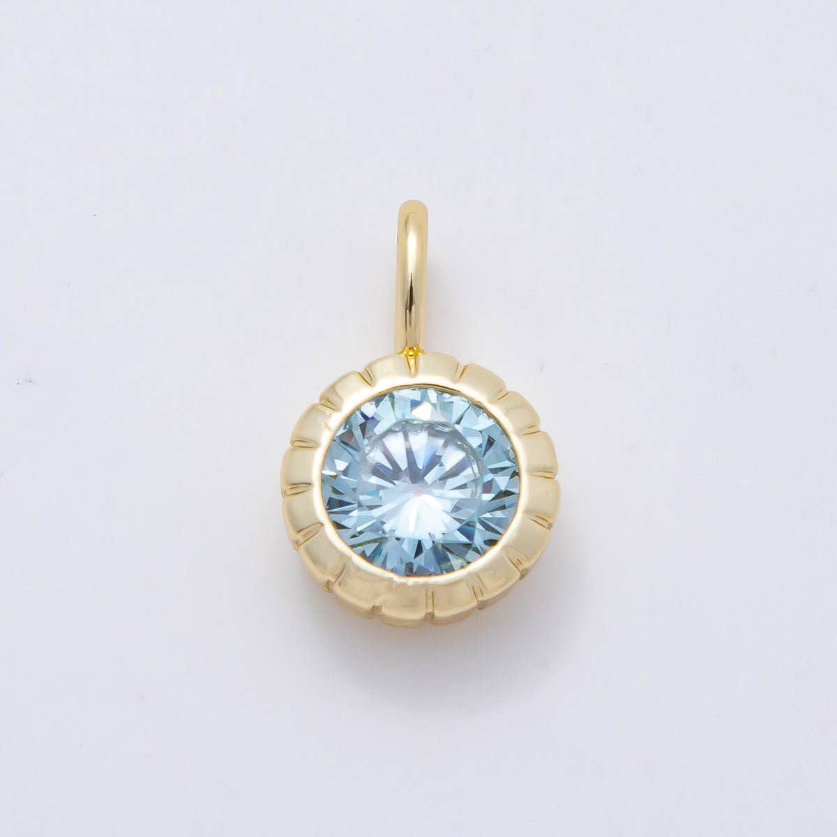16K Gold Filled 17mm Birthstone Round CZ Ribbed Bezel Mini Pendant | Charms-01113 ~ Charms-01124