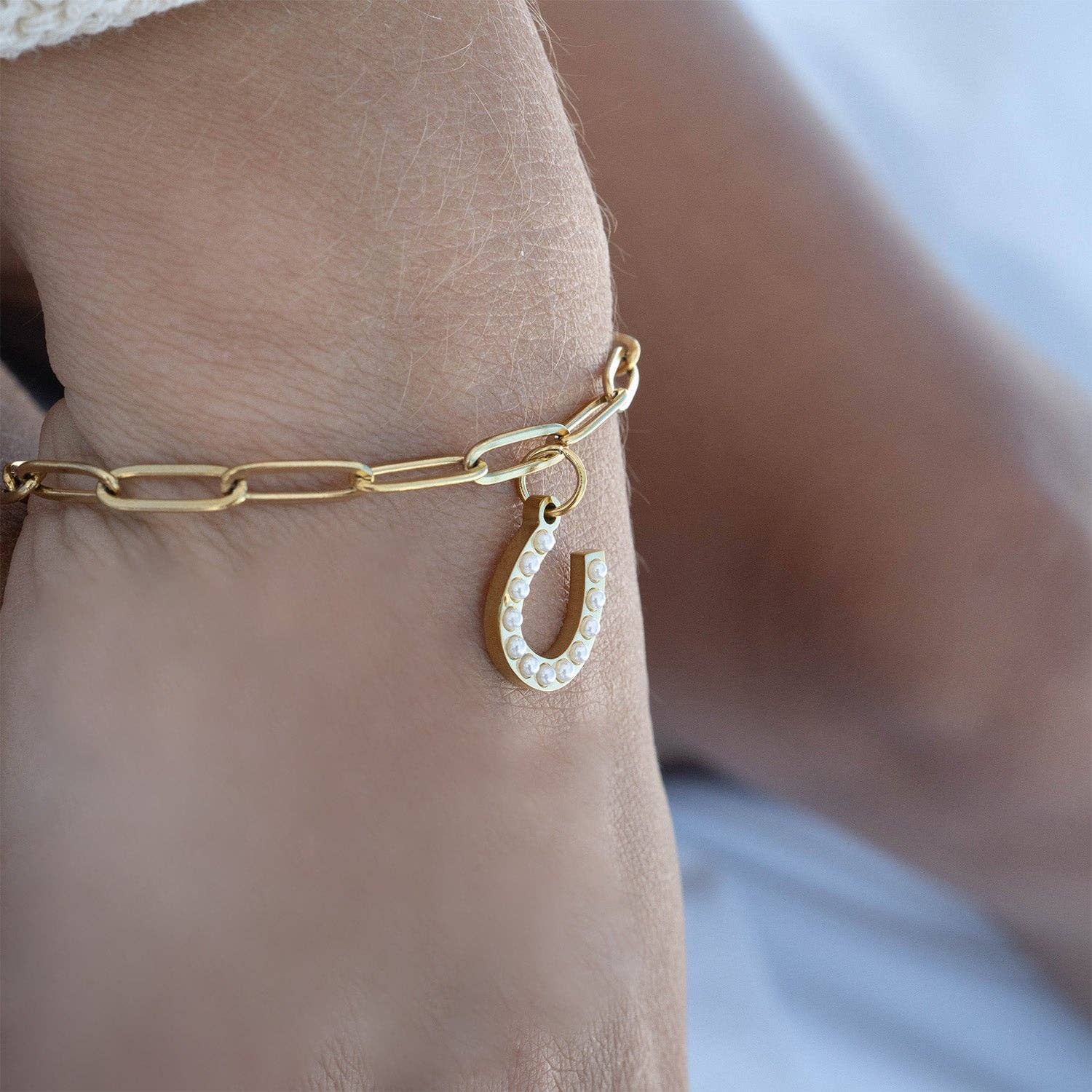 18K Gold Stainless Steel Pearl Beaded Horseshoe Charm