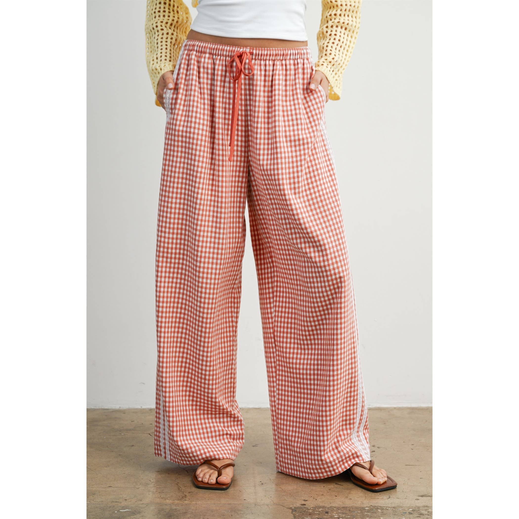 Terracotta Gingham Wide-Leg Lounge Pants-BMP8075