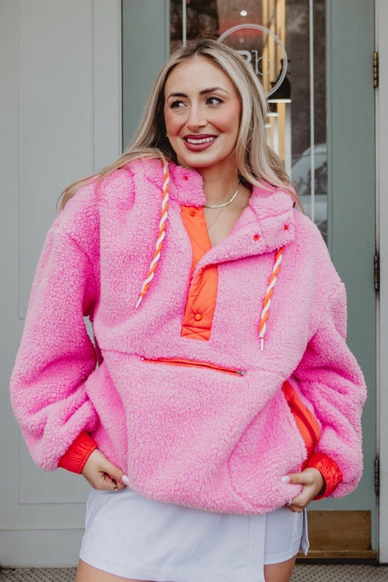 Pink Two-Toned Sherpa Pullover Hoodies