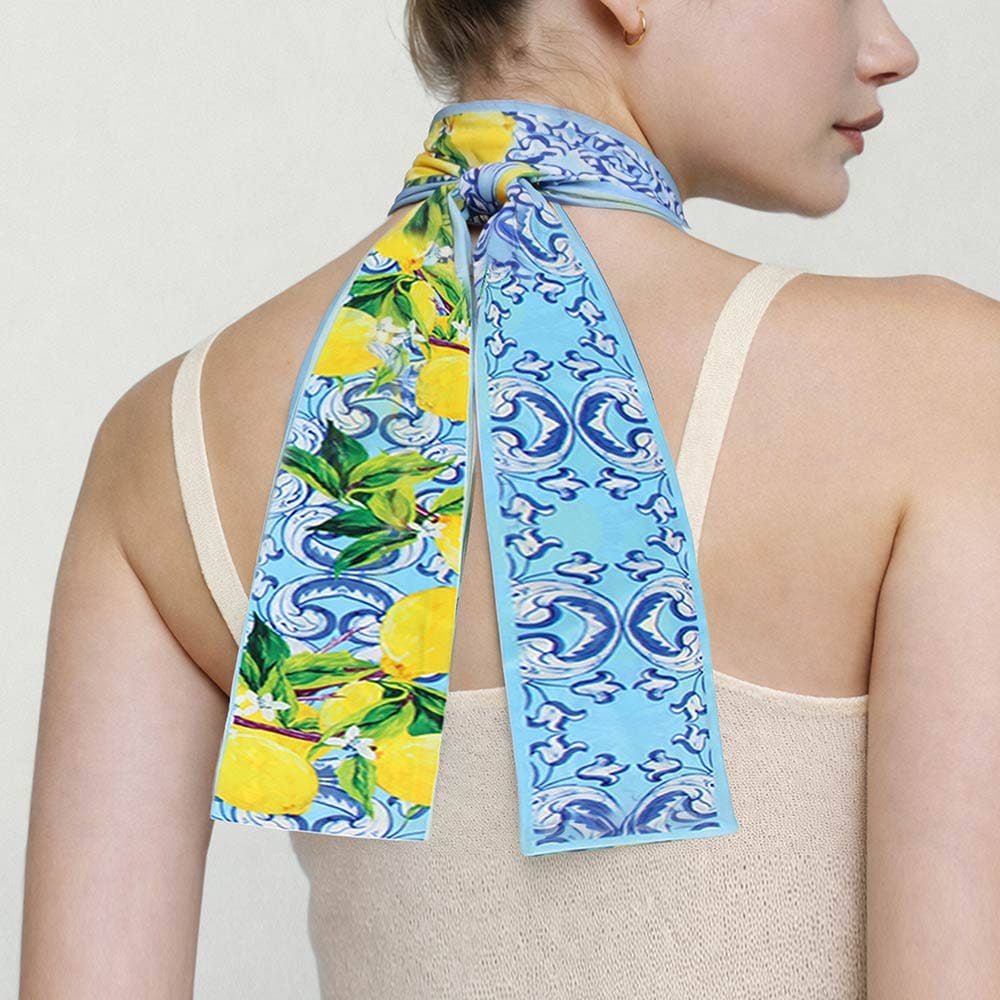 Lemon and Scroll Pattern Twilly Skinny Scarf