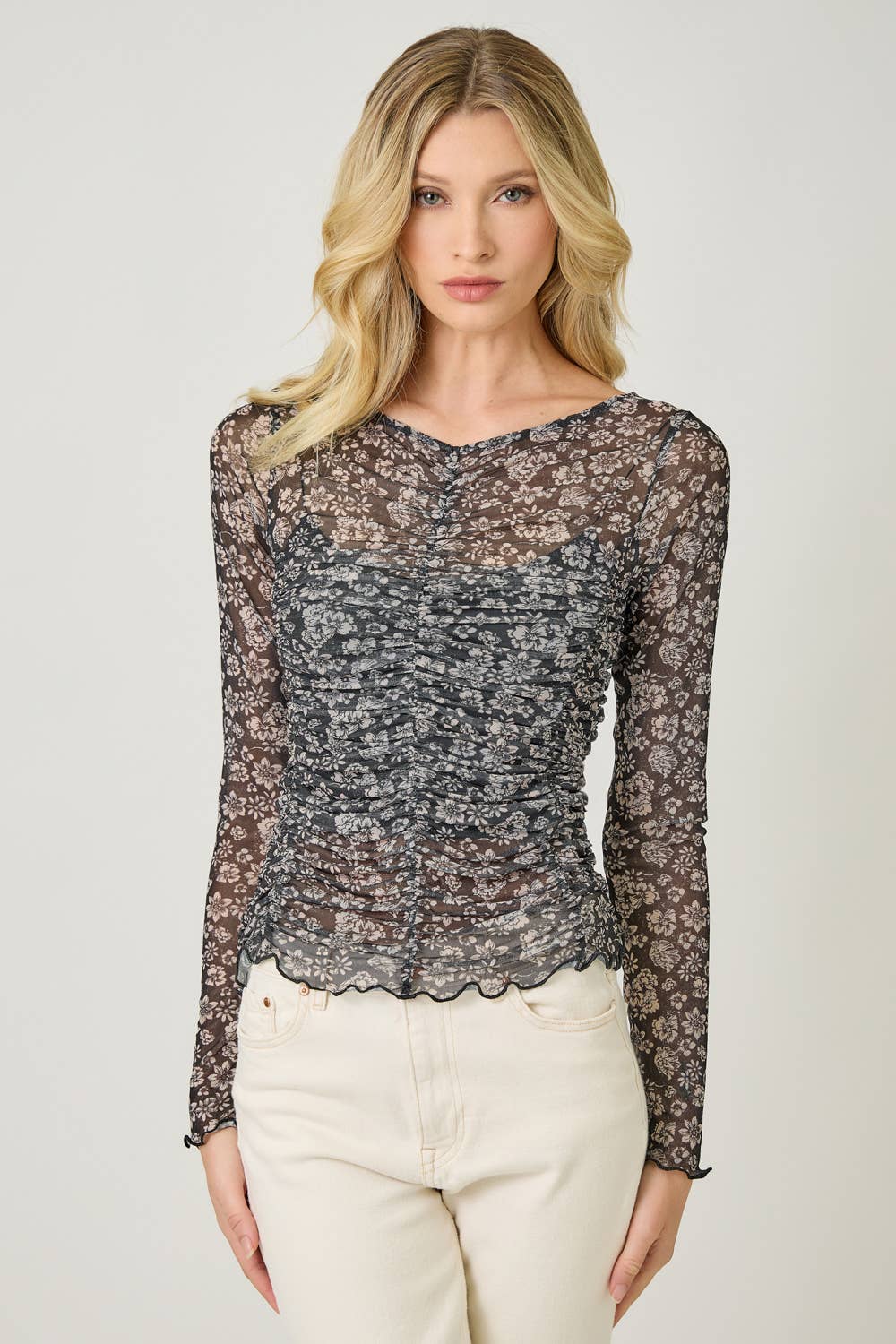 Lettuce Hem Mesh Print Top