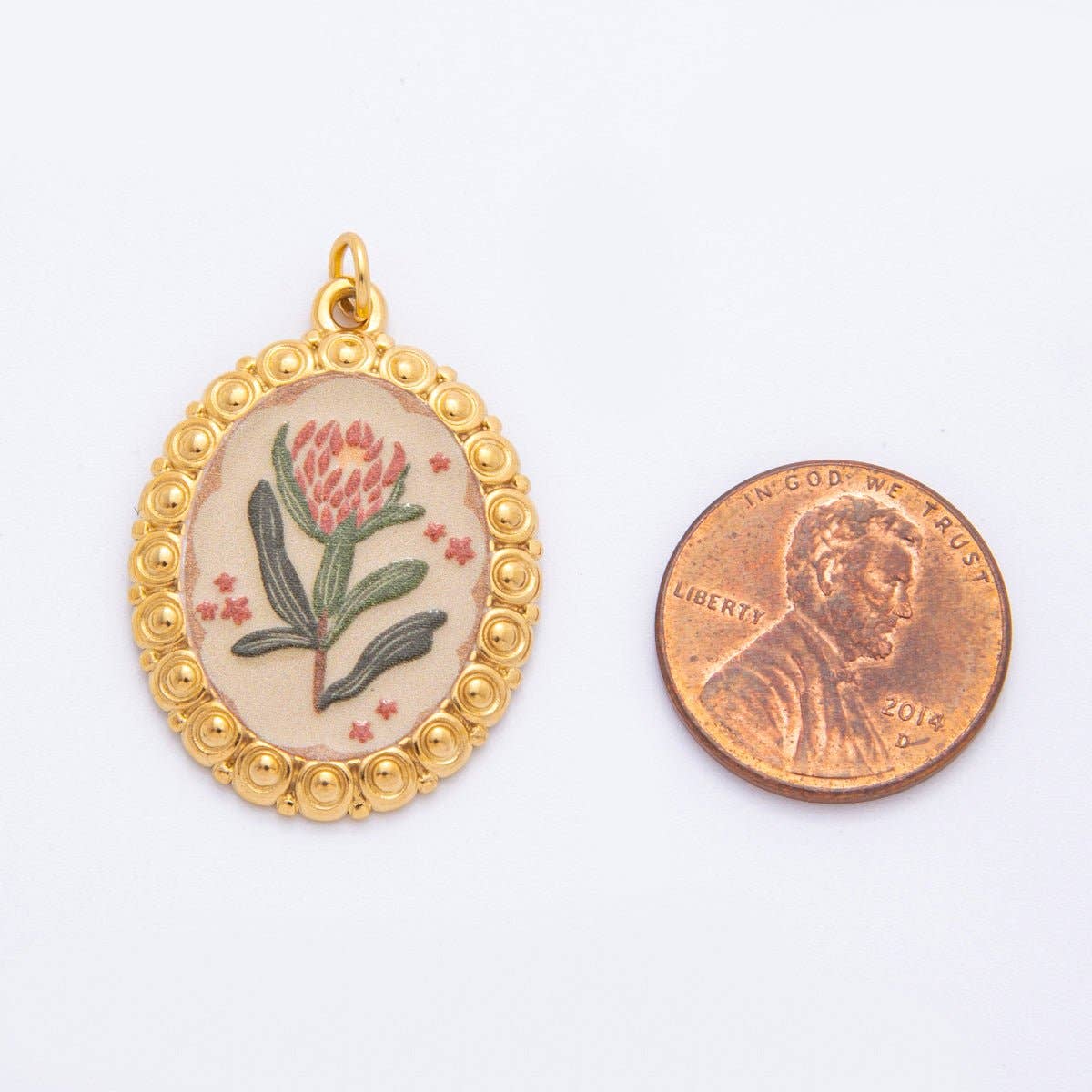 Gold Stainless Steel 33.5mm Hand-Painted Enamel Red Flower Charm