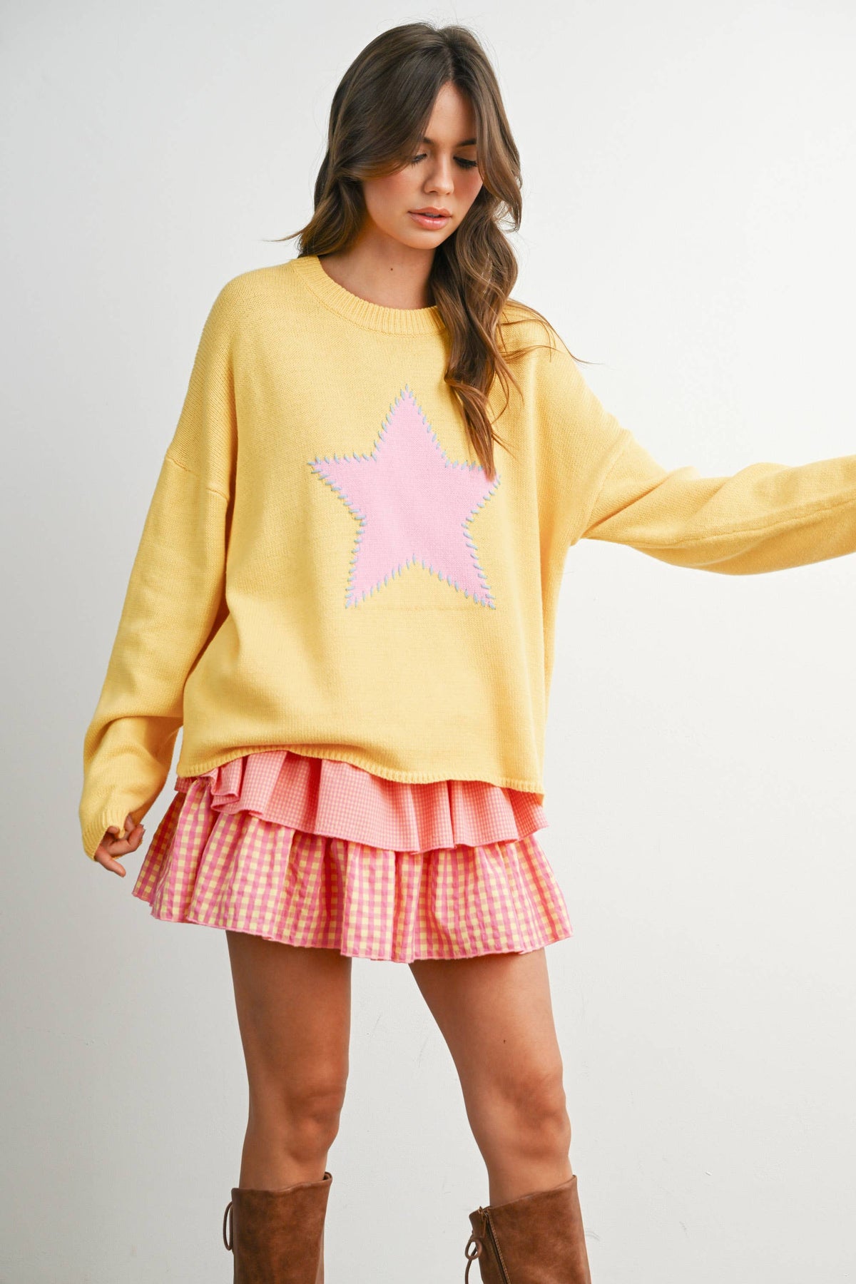 Drop Shoulder Star Pattern Sweater - BMW7756