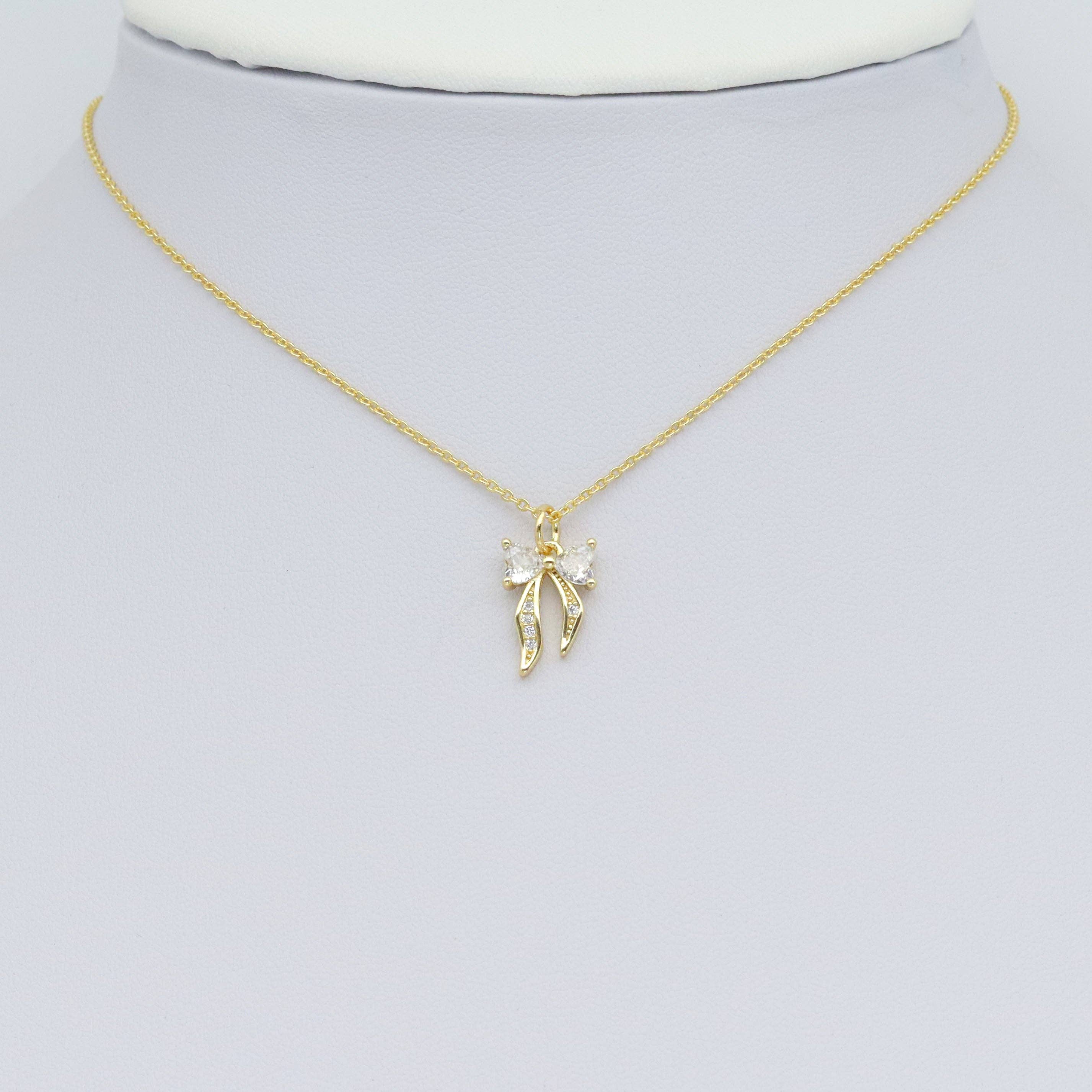 Gold Clear Heart Bowknot Charm Pendant