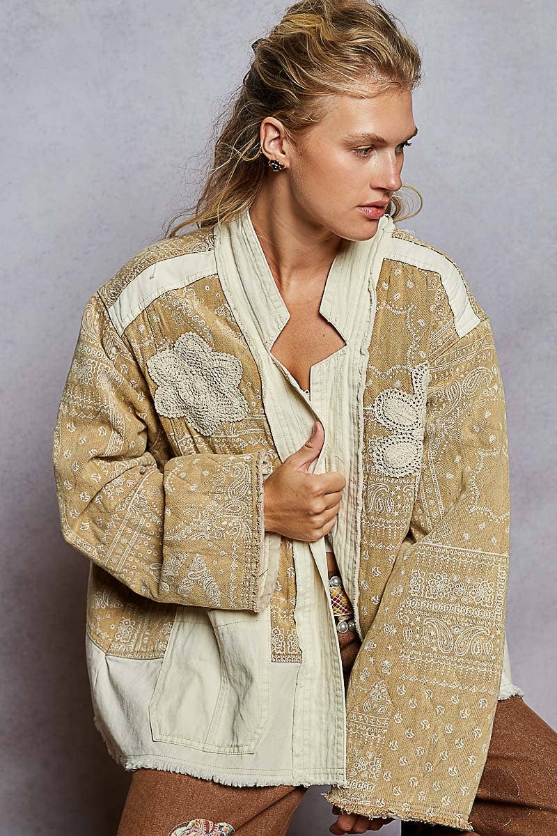 Paisley Pattern Patch Detail Quilted Woven Twill Jacket