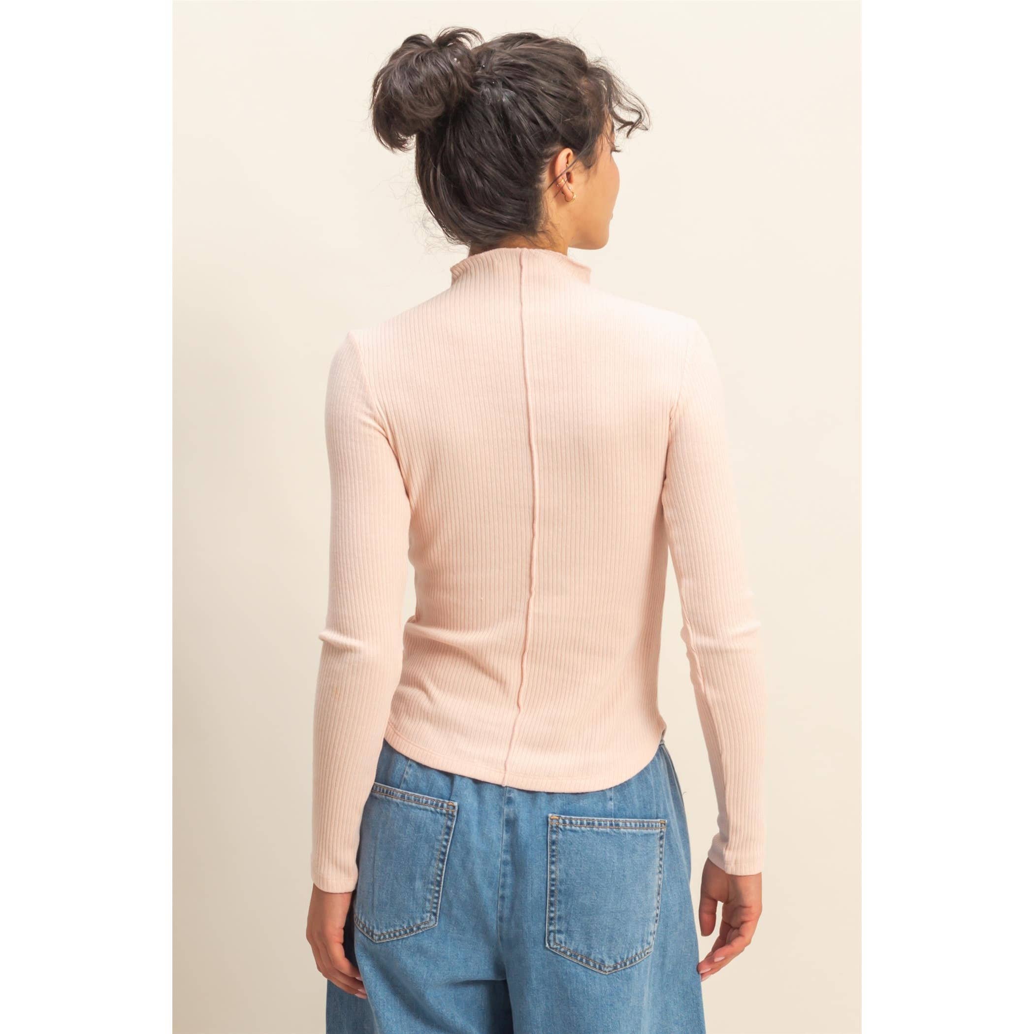 Ribbed High Neck Seam Detail Long Sleeve Top