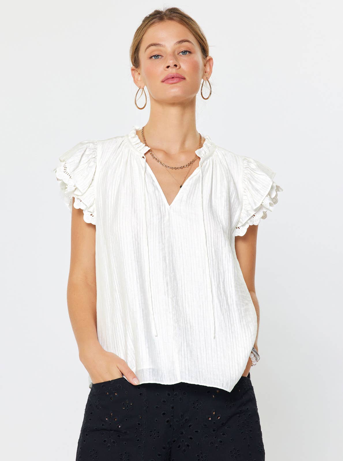 Ruffled Lace Short Sleeve Blouse