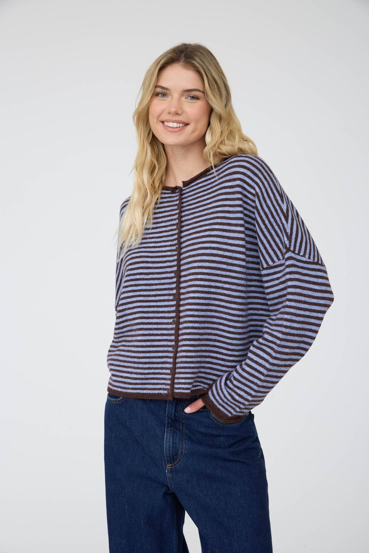 STRIPE RAW EDGE LONG SLEEVE CARDIGAN
