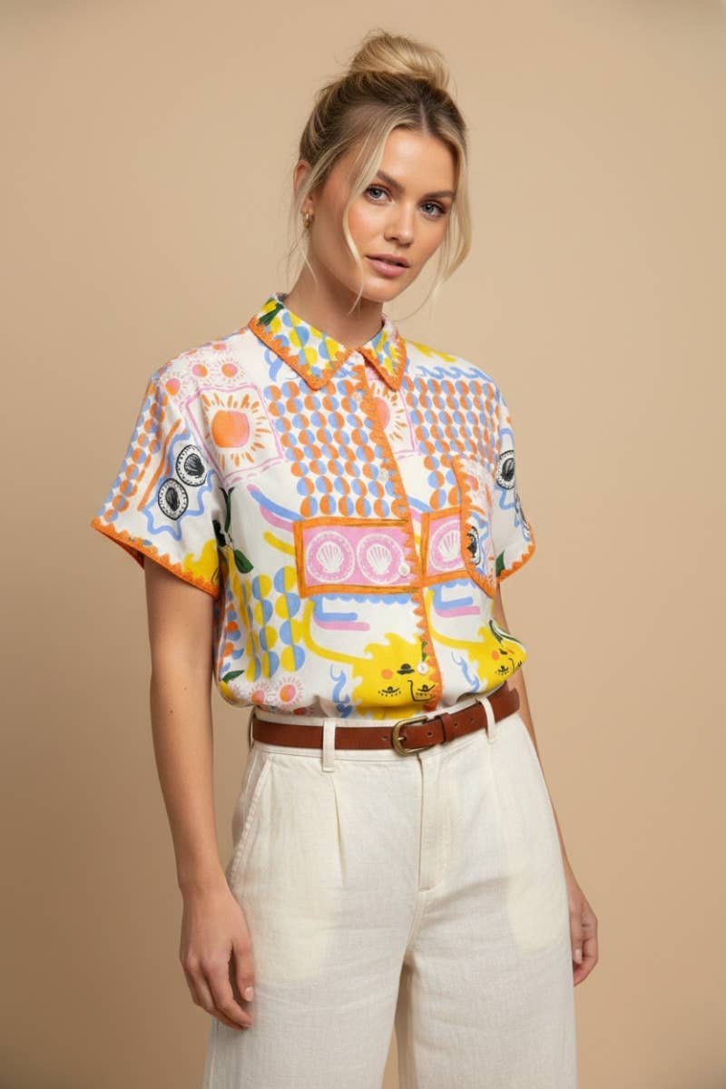GRAPHIC MEDITERRANEAN ICONS RIC-RAC TRIM STRUCTURED FIT TOP