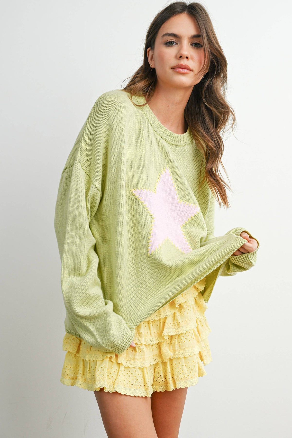 Drop Shoulder Star Pattern Sweater - BMW7756