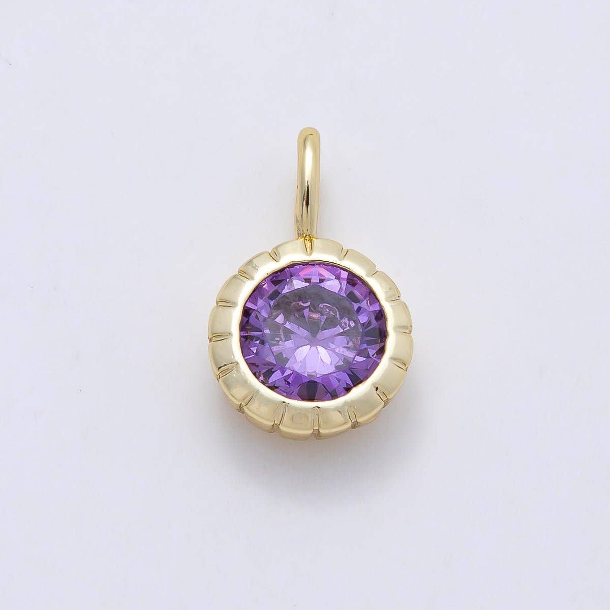 16K Gold Filled 17mm Birthstone Round CZ Ribbed Bezel Mini Pendant | Charms-01113 ~ Charms-01124