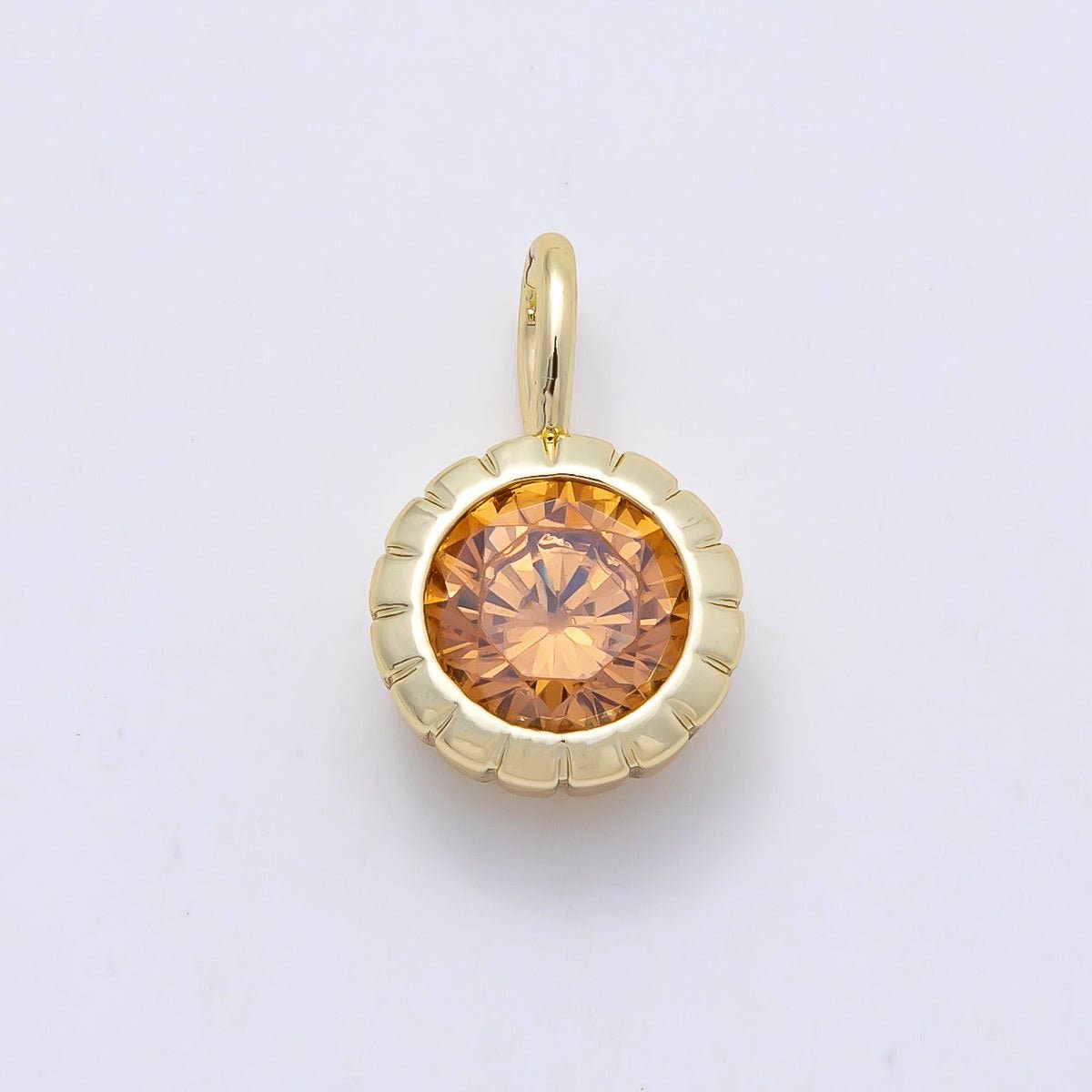 16K Gold Filled 17mm Birthstone Round CZ Ribbed Bezel Mini Pendant | Charms-01113 ~ Charms-01124
