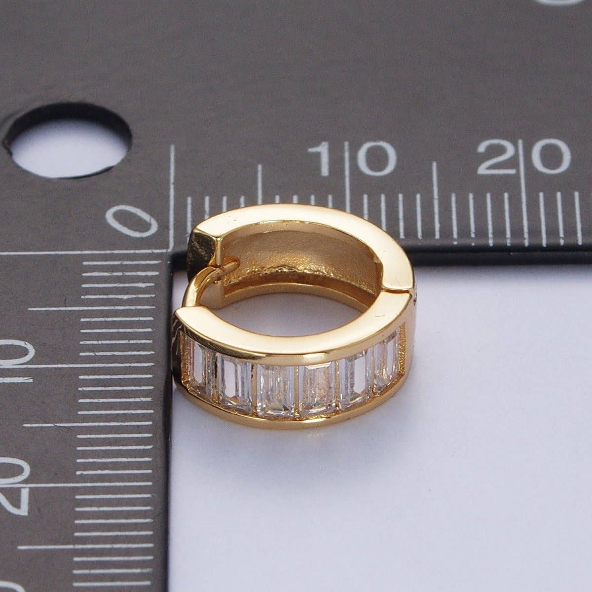 24K Gold Filled Clear Baguette Cubic Zirconia Simple Minimalist Small Hoops Gold Huggies Earrings Q-149 AD-481
