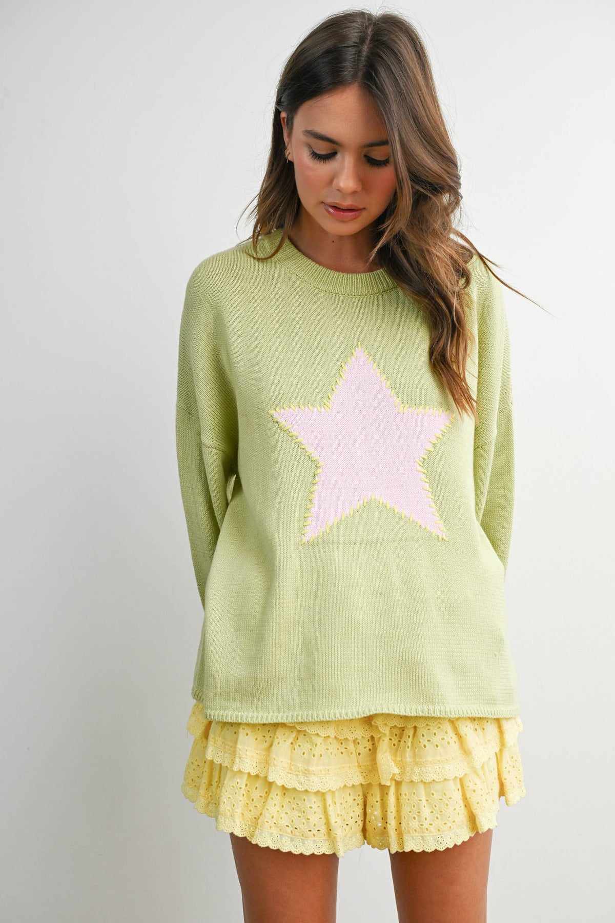 Drop Shoulder Star Pattern Sweater - BMW7756
